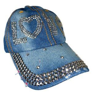 Women’s Rhinestone LOVE Hat, Bling Blue Denim Adult Baseball Hat NEW